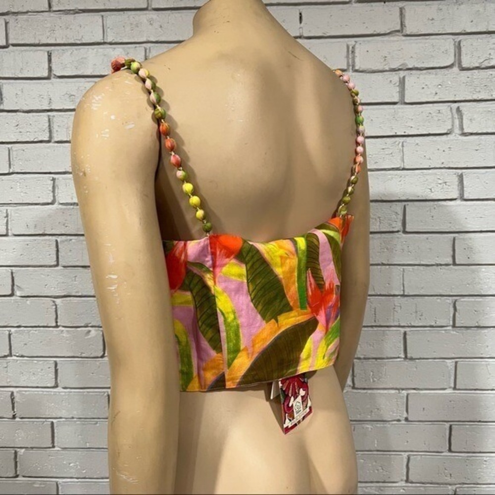 Farm Rio for Anthropologie Tropical Beaded Strap Bustier Crop Top Pink Green | M - Picture 8 of 10